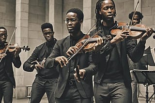 Group of black musicians playing vioin