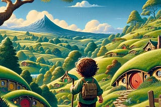 Cartoon of a hobbit hiking into Hobbiton, mountain in the background