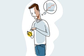 Illustration of bearded man using calculator with a graph in the background and an upward trajectory