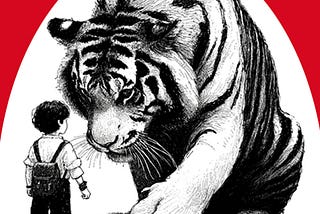 A huge tiger towering over a little boy to illustrate being strict with children.