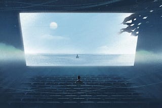 A blue-toned, cloudy, and dreamily-lit illustration of a silhouetted figure sitting in an abstract movie theatre. On the screen is a similar figure standing in an ocean, facing the moon.