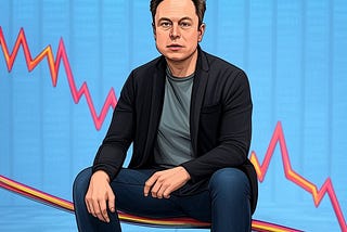 IMAGE: A comic image of Elon Musk sitting on the line of a downward stock graph