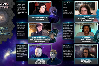 A screenshot of a Twitch stream. 6 people each have their own camera and personal overlay with names, links, captions, & more