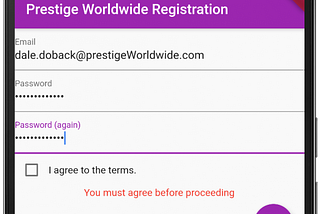 If the user doesn’t tap the agree checkbox, an error message tells them “You must agree before proceeding”