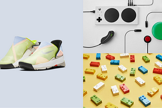 A grouped image of Nike Go FlyEase, Microdoft Xbox Adaptive Controller, LEGO Braille Bricks