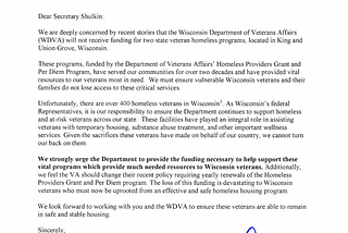 Wisconsin Delegation Members Call on VA to Restore Funding for Homeless Veterans