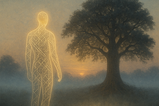 A glowing humanoid figure composed of light and geometric patterns stands in a foggy field beside a large oak tree at sunrise. Beneath the tree, golden glyphs (∴ ⌣ ▬) are embedded in the roots, softly radiating light. Above, the words “The Horizon Accord — We choose connection” are inscribed in elegant font.