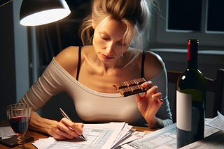 Woman with tousled hair working on her taxes while eating chocolate and drinking wine. Taxes. wine. chocolate.