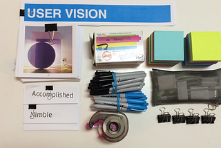 An image of different items used for design brainstorming, such as sharpies, post-its, highlighters, tape, etc.