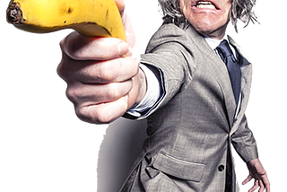 Berate man in suit pointing a banana to represent lax business security practices.