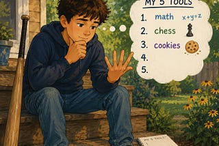 A boy sitting on a stoop with five fingers out, as he counts his five tools. Thought bubble says “math,” “chess,” “cookies,” and two not yet identified.