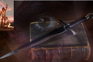 A sword on a book with a mysterious eye.