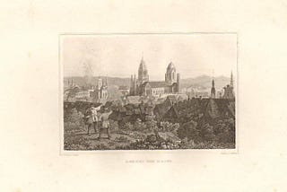 A yellowish engraving that clearly shows a cathedral in the center background, some houses in the foreground toward the right, and two people on the left pointing toward the right side of the image