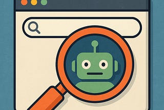 IMAGE: A browser window with a magnifying glass reveals a small robot face inside, symbolizing how AI-powered browsers observe users while pretending to assist them