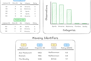 A collage of the three errors this article focuses on: misusing identifiers, ignoring rare feature values, and incorrect data partitioning.