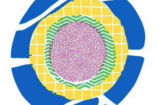 An inperfect eliptic figure containing four different layers, an outer layer color blue emulating the sea, a next inner yellow layer with squares emulating a spread sheet, a following green layer with angular horizontal lines going up and down making a textured pattern, and a final central layer made of lots of red dots, emulating a large group.