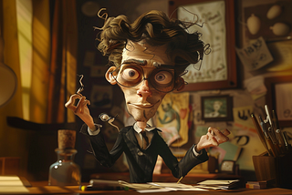 A puppet writes. He smiles faintly at the viewer. In one hand, a cigarette leaks ash. Papers lay strewn before him, messy as the hair that tumbles from his head. A box of pens sits to his right.