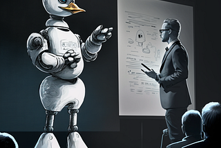 A Robot Duck in a suit presenting this topic “An AI revolution for businesses and the customer experience”. The robot duck is standing in front of a business person with other people behind the person. On the screen behind the robot duck are blury digitised drawings on a white board.