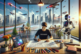 A dynamic and futuristic illustration showing a designer working at a digital interface, with AI elements like neural networks and data streams integrated into the design process. The image should capture the essence of AI and human collaboration in product design.