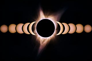 A string of images showing the phases of a total eclipse with a yellow sun slowly being block, becoming completely blocked in the middle, and then being unblocked.