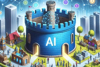 A robust and stable fortress labeled ‘AI’ represents strength and foundation in AI investments. Surrounding the fortress are symbols of economic growth and prosperity, such as booming businesses, advanced technology, and diverse people working together.
