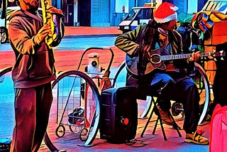 Sidewalk performers on Market Street by 5th Street, San Francisco, Dec 24, 2020.