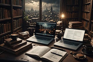 AI generated image of a desk overlooking a window with a view on the city, two laptops on the desk, as well as a book with a pen, stacks of books and bookcases lining both walls.