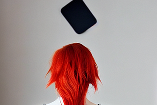 A woman with red hair staring away from the camera at a couple flying tablets.