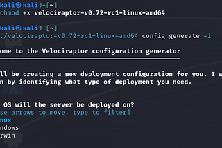 Granting execute permission on the Velociraptor binary and running the interactive configuration generator