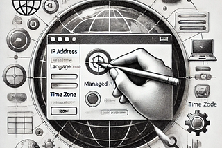 A black and white pencil sketch depicting the key elements of managed attribution in OSINT investigations on a white background.