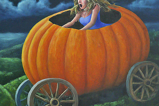 AI-generated painting of Cinderella driving her huge pumpkin chariot (Gemini)