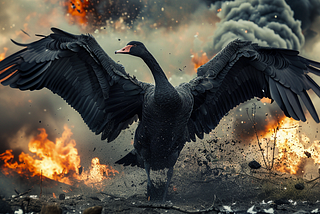 Real photography of a giant black swan opening its wings, background is scene with bombs, smoke and fire, very gloomy day, AI image created on midjourney v6 by henrique centieiro and bee lee