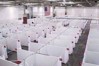 An overhead view of a field hospital set up at the state fair ground near Milwaukee, Wisconsin on October 12, 2020