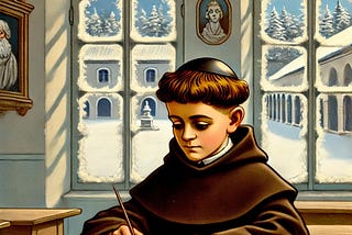Figure 01: Image created by the Editor via DALL-E 3: Caricature of Saint Quentin, Evo Fernandes’ pseudonym, writing a letter at Lamego College. Wearing a friar’s cassock and with a sarcastic expression, he describes the harsh boarding school conditions while feeling the snow outside.