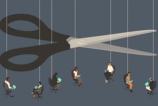 Layoffs are illustrated by an oversized pair of scissors, that looms over seven workers sitting in office chairs suspended by strings. Employees use their laptop computers and mobile devices, but some of their jobs could be cut at any time, as they are shown hanging by a thread. Their jobs are on the line. Conceptual illustration uses a flat, limited color palette over a dark blue background, presented in isometric view on a 16x9 artboard.