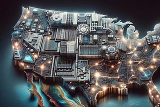 A map of the United States with a gigantic supercomputer sprawling over most of the states.