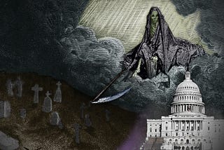 The Angel of Death, peering down from a break in a menacing sky full of clouds, looking upon the Capitol Dome, wreathed in spooky mist. To the Capitol’s left is a spooky graveyard.