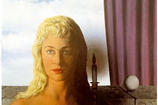 painting of an expressionless woman with long blond hair, a candle, white ball, and curtain on her left side, and a cloudy sky in the background