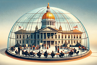 Illustration of a neoclassical building resembling the Trenton Statehouse, enclosed in a transparent dome. The dome houses a circular platform where a diverse group of individuals engage in various activities, such as conversing, reading, and working on laptops. The golden dome of the building gleams under a clear sky, flanked by two American flags.