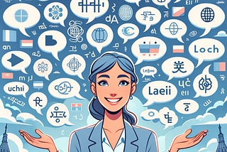 IMAGE: A happy woman surrounded by speech bubbles in various languages, symbolizing the joy and confidence that come with multilingual abilities