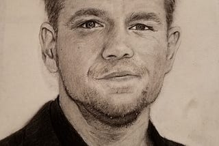 A completed pencil drawing of the actor Matt Damon