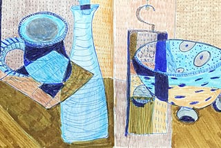 A sketchbook spread of a drawing of a vase, mug, and bowl with interlocking shapes, in a cubist style.