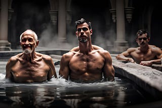 Three gay men sitting in a hot tub in a gay bath house. The first is in his eighties, the second in his forties, and the third in his twenties.