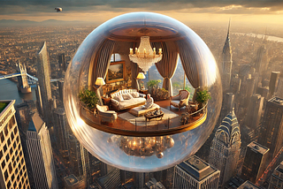 ChatGPT generated panoramic image depicting a billionaire inside a lavish, transparent bubble, floating above a city landscape