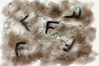A messy brown overhead view with green tendrils and five capital F’s at different orientations strewn about.