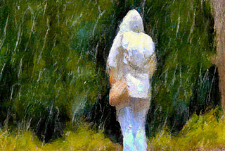 An oil painting of a woman standing in the rain in the forest.
