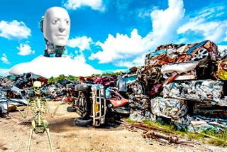 a mountain of garbage with a skeleton in the foreground representing humanity with a gigantic robot with a retarded look on its face representing god, or the elite class of capitalists who control our fate, whichever you prefer.
