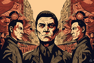 A surreal vector art illustration in the style of contemporary artist Shepard Fairey, depicting a man with three faces, each representing a form of propaganda: emotional manipulation, distortion of information, and social pressure. The man is standing in the middle of a bustling city square, symbolizing daily life. The faces are exaggerated and grotesque, creating a sense of discomfort and urgency