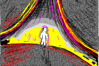 A person in full coverage white suit (space suit) stands on a curved surface between two large moons or orbs, staring into a light or sunset. Illustration is signed Paint AF