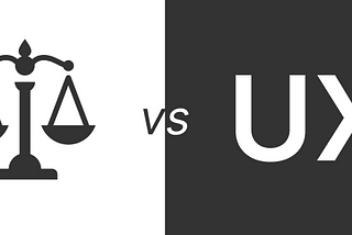 Imagem com fundo repartido entre branco e preto com, respectivamente, uma balança como símbolo que remete ao Direito com o texto “vs UX”